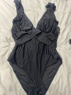 Amazon Black One-Piece Swimsuit with Twist Front and Ruffle Straps